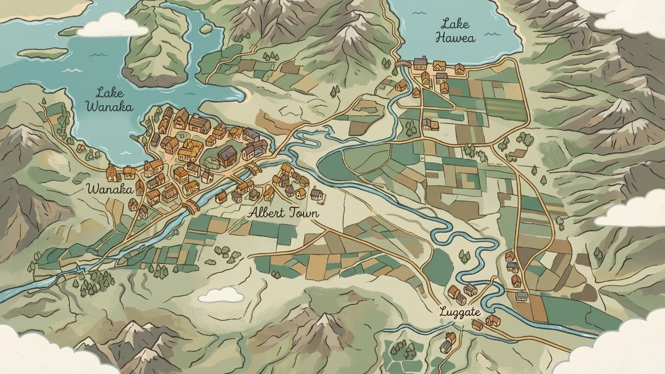 Illustrated map of the Wanaka region showing Lake Wanaka, Lake Hawea, Albert Town, Luggate, and surrounding areas